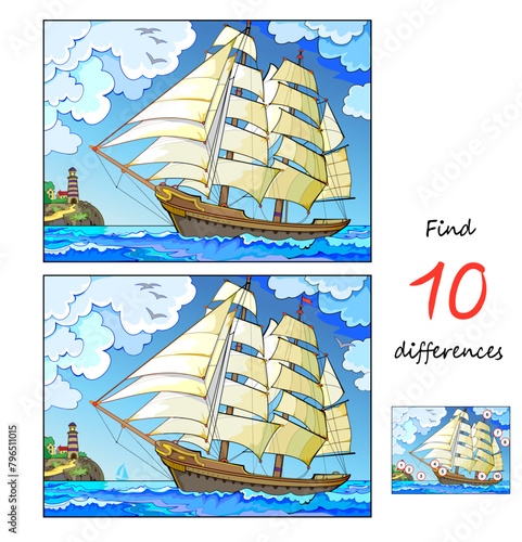 Find 10 differences. Illustration of a seascape with sailboat. Logic puzzle game for children and adults. Educational page for kids brain teaser book. Developing to counting skills. Vector drawing.