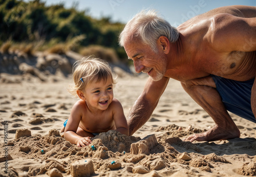 An old man and a kid with swimming suits playing together with happiness to build a sand castle on the beach on a sunny summer day
