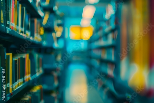 Abstract book shelves in the background create a blurred library interior. Concept Abstract, Bookshelf, Blurred, Library Interior, Background photo