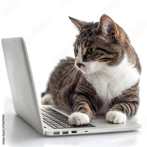 A beautiful cat sits gracefully next to a laptop computer on a white background. © Kainat