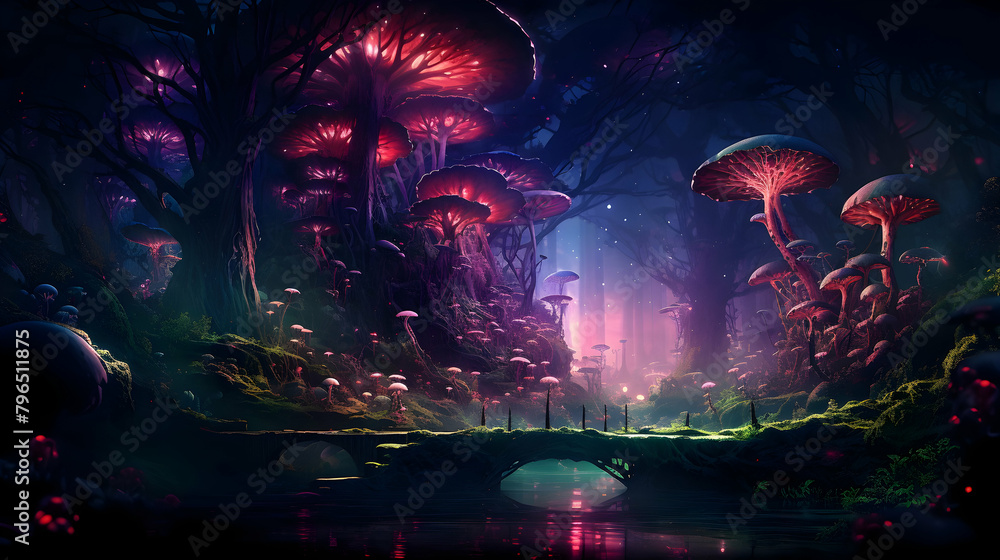 Magical forest with a spectacular display of floating fantasy mushrooms Magical forest with a spectacular display of floating fantasy mushrooms