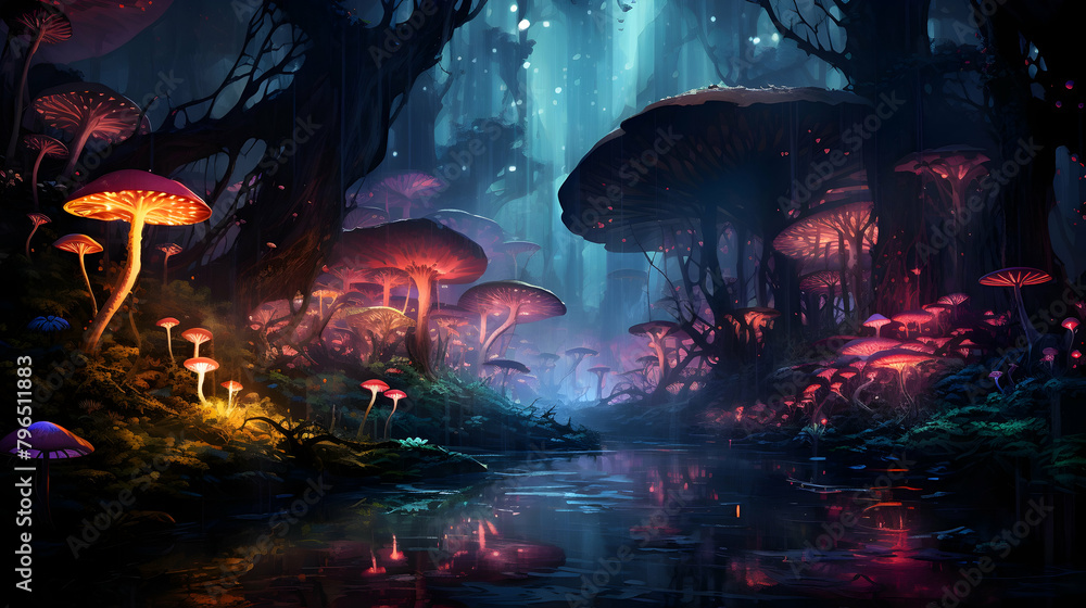 There is a picture of a fantasy forest with mushrooms