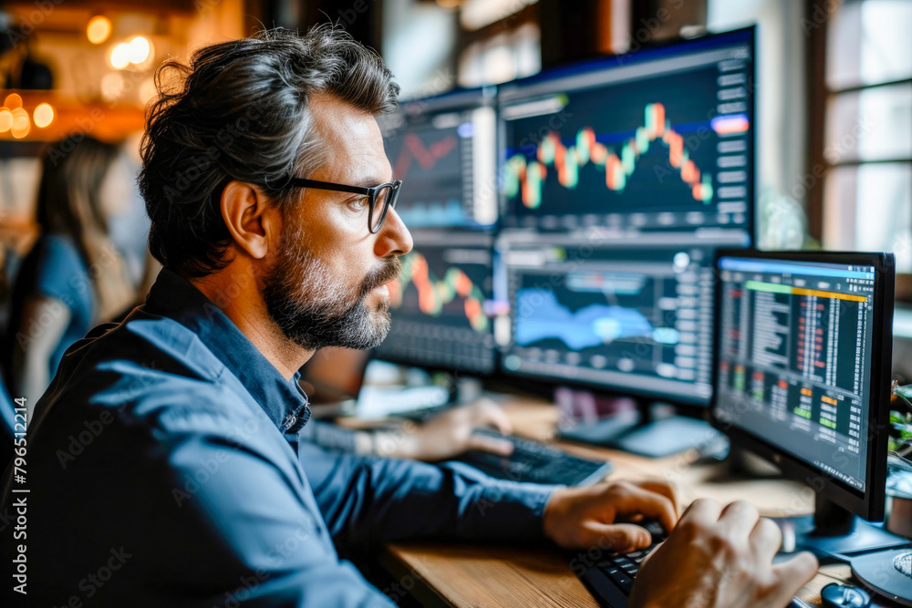 A man in a suit is looking at a computer screen with a lot of numbers on it A man in a suit is looking at a computer screen with a lot of numbers on it