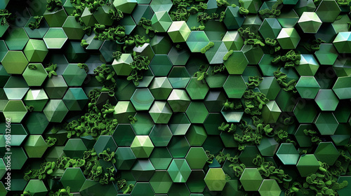 Emerald green hexagons weave a backdrop reminiscent of a lush forest.