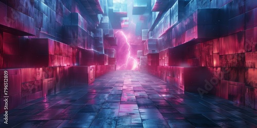 A futuristic cityscape with a neon light and a person in the middle