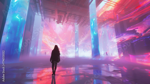 An abstract digital landscape created through a combination of augmented reality and projection mapping surrounds a person walking through a massive indoor art installation.