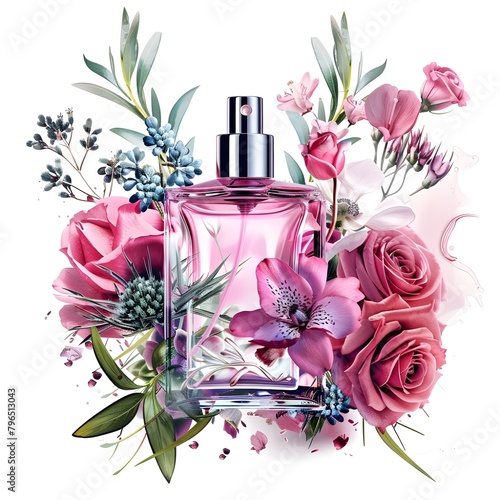 Perfume And Home Fragrance An elegant glass bottle of women's perfume or toilet water against the backdrop of fresh astromeria aroma presentation pink background front view

 photo