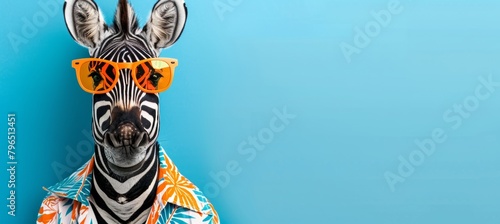Fashionable zebra with orange sunglasses and colorful hawaiian shirt for a trendy look
