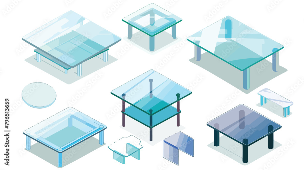 vector set of glass tables isometric. icons furniture