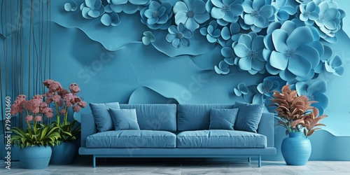 A blue wall with a flower mural and a blue couch with pillows