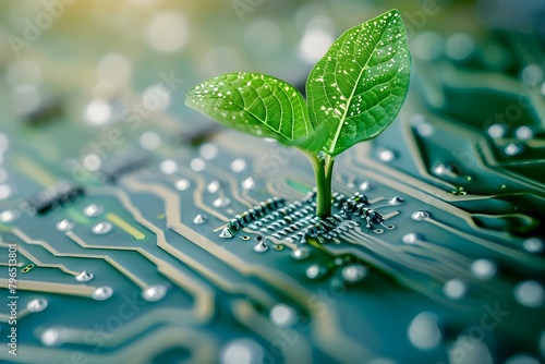 Integrating Green Plants with Computer Circuit Boards for Sustainable Technology in Nature. Concept Sustainable Technology, Green Plants, Computer Circuit Boards, Integration, Nature photo