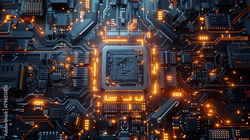 Central Microchip Surrounded by Glowing Electronic Circuits photo