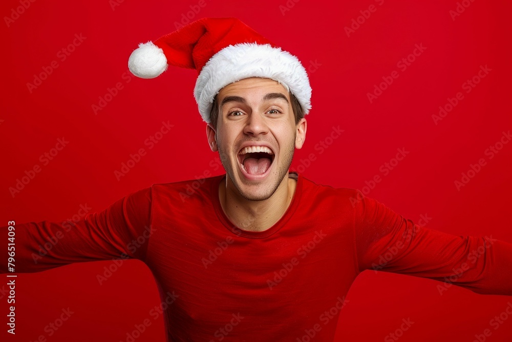 Holiday Cheer: Excited Young Man in Santa Hat. Generative ai Holiday Cheer: Excited Young Man in Santa Hat. Generative ai