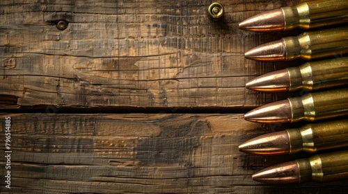 Rifle Cartridges Lined Up on Wooden Surface. Generative ai