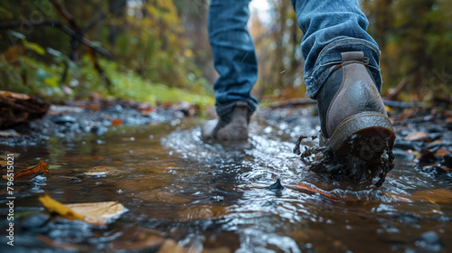 Boots stepping through puddles on a muddy trail, surrounded by the fallen leaves of a dense forest.