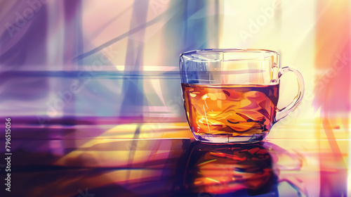 warm sunlight illuminating a transparent cup of tea on a reflective surface with colorful light streaks