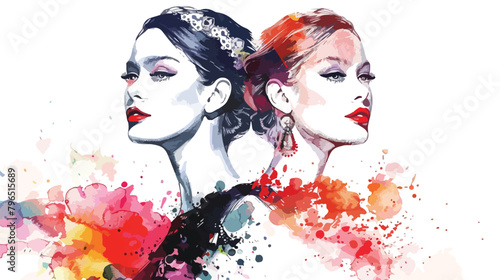Watercolor sketch of two glamorous women Vector illustration photo