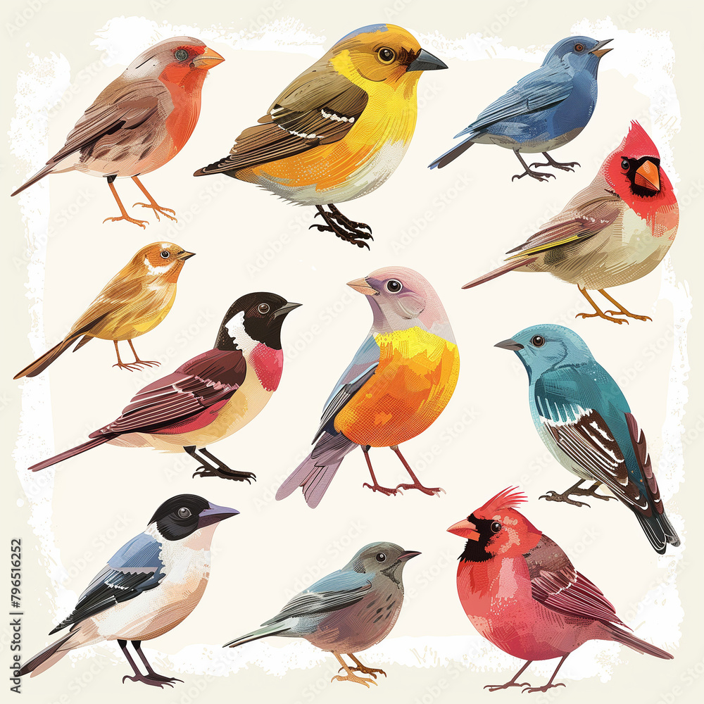 A colorful collection of cartoon birds like parrots, ducks, and owls A colorful collection of cartoon birds like parrots, ducks, and owls