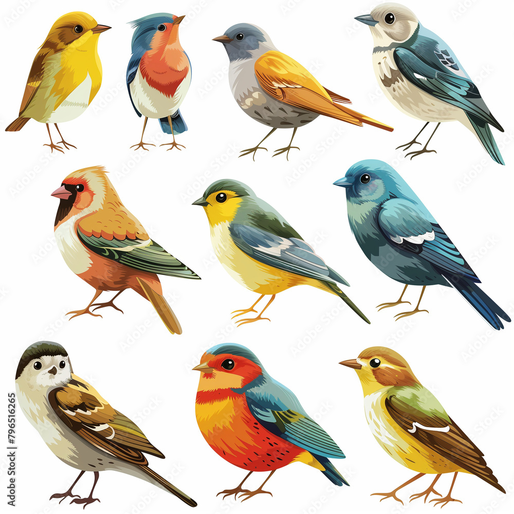 A colorful collection of cartoon birds like parrots, ducks, and owls A colorful collection of cartoon birds like parrots, ducks, and owls