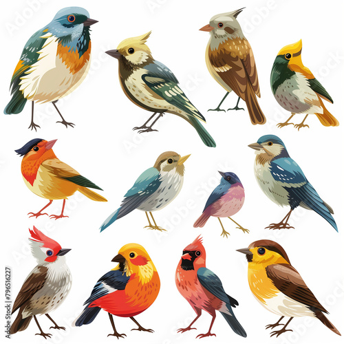 A colorful collection of cartoon birds like parrots, ducks, and owls