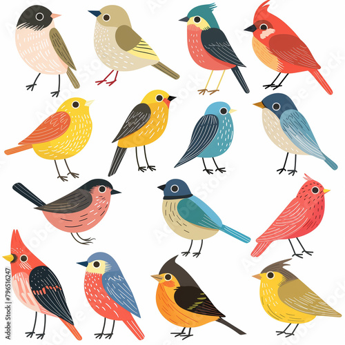 A colorful collection of cartoon birds like parrots, ducks, and owls © ak159715