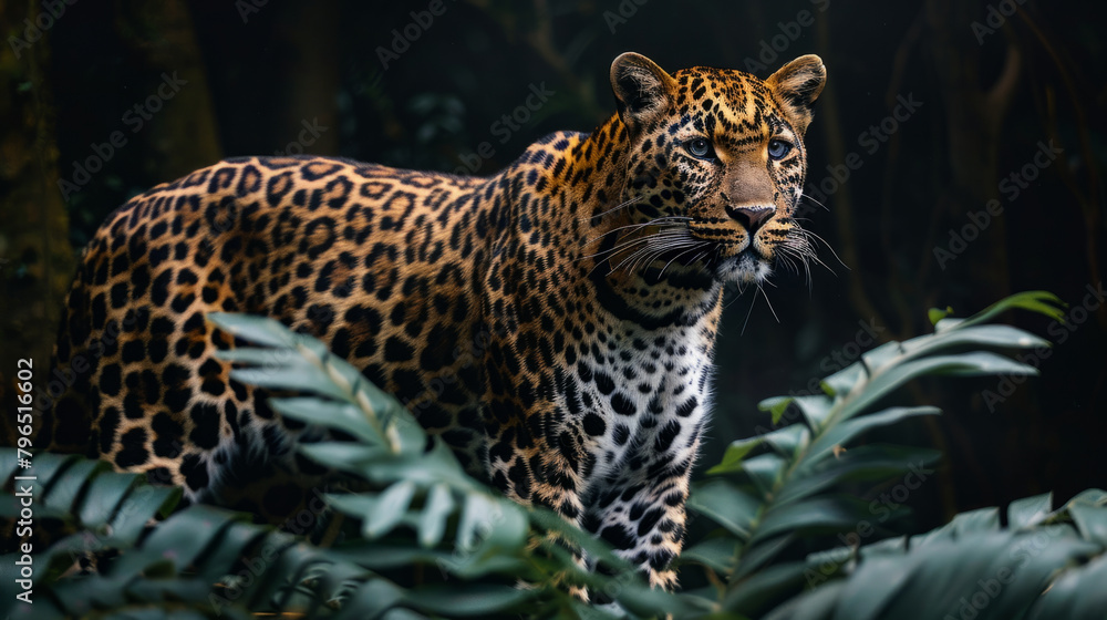 Naklejka premium A striking image of a leopard in its natural habitat, blending in with the dark nature background. The full body view captures the sleek beauty and power of this majestic predator.