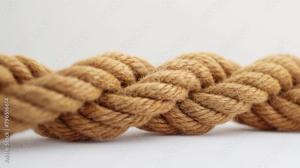 Thick jute rope tied in a knot, with a focus on the texture against a white background.