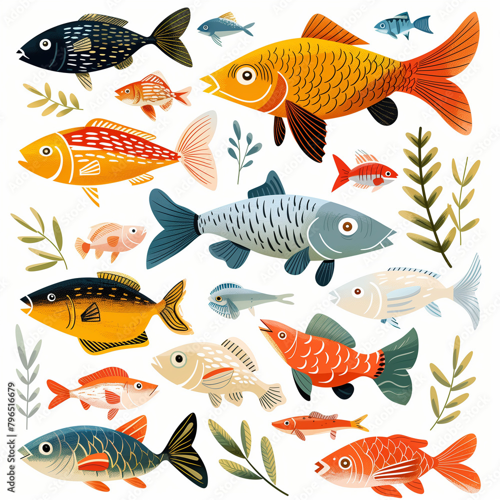 Fototapeta premium Colorful fish of various shapes and sizes swimming in a repeating pattern