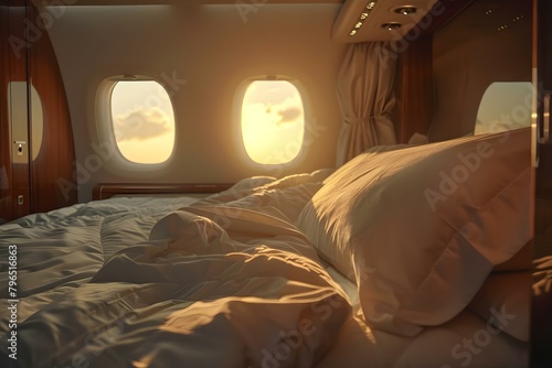 Indulge in Luxury: Private Jet Experience with Royal-Worthy Linens at Sunrise. Concept Luxury Travel, Private Jet, Royal Experience, Sunrise, High-End Linens photo