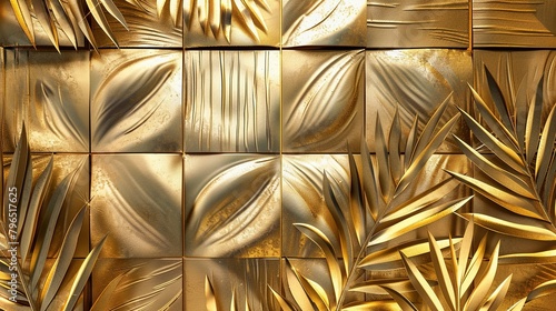 Abstract gold metallic geometric leaves 3d tiles texture wall wallpaper background banner