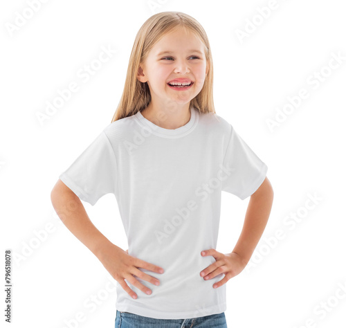 Smiling little girl in a white blank t-shirt isolated on a white background