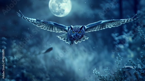 An Owl with Wings Outstretched Flying Over a Forest at Night, Silhouetted Against the Moonlit Sky. Dramatic and Majestic Scene Capturing the Grace and Power of Nocturnal Birds in Flight © AIRina