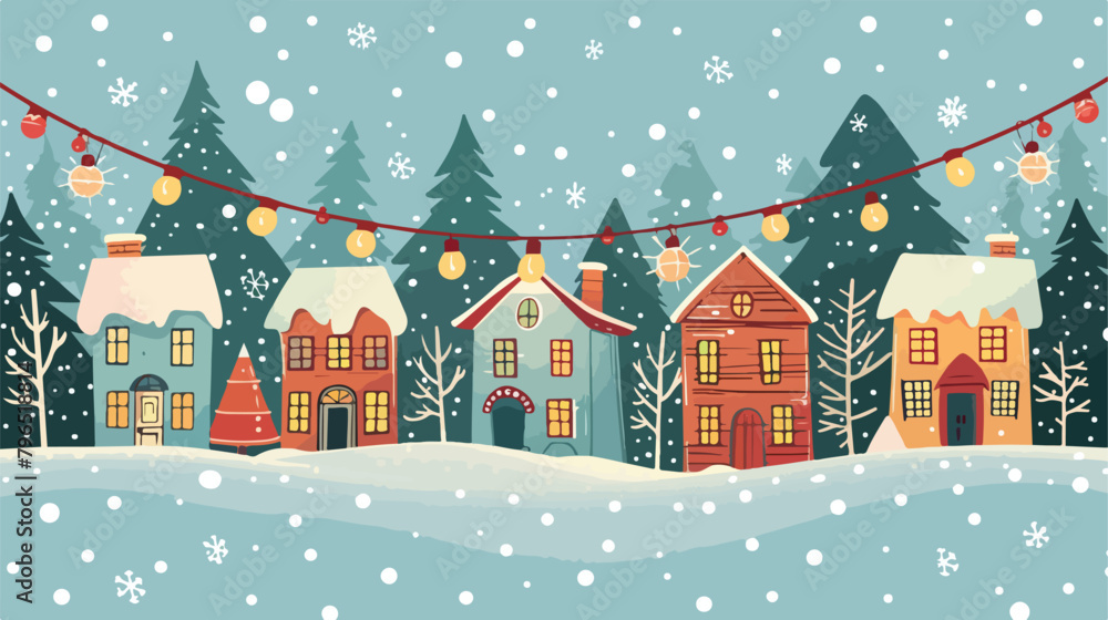 Winter landscape with cute houses and hanging lights.