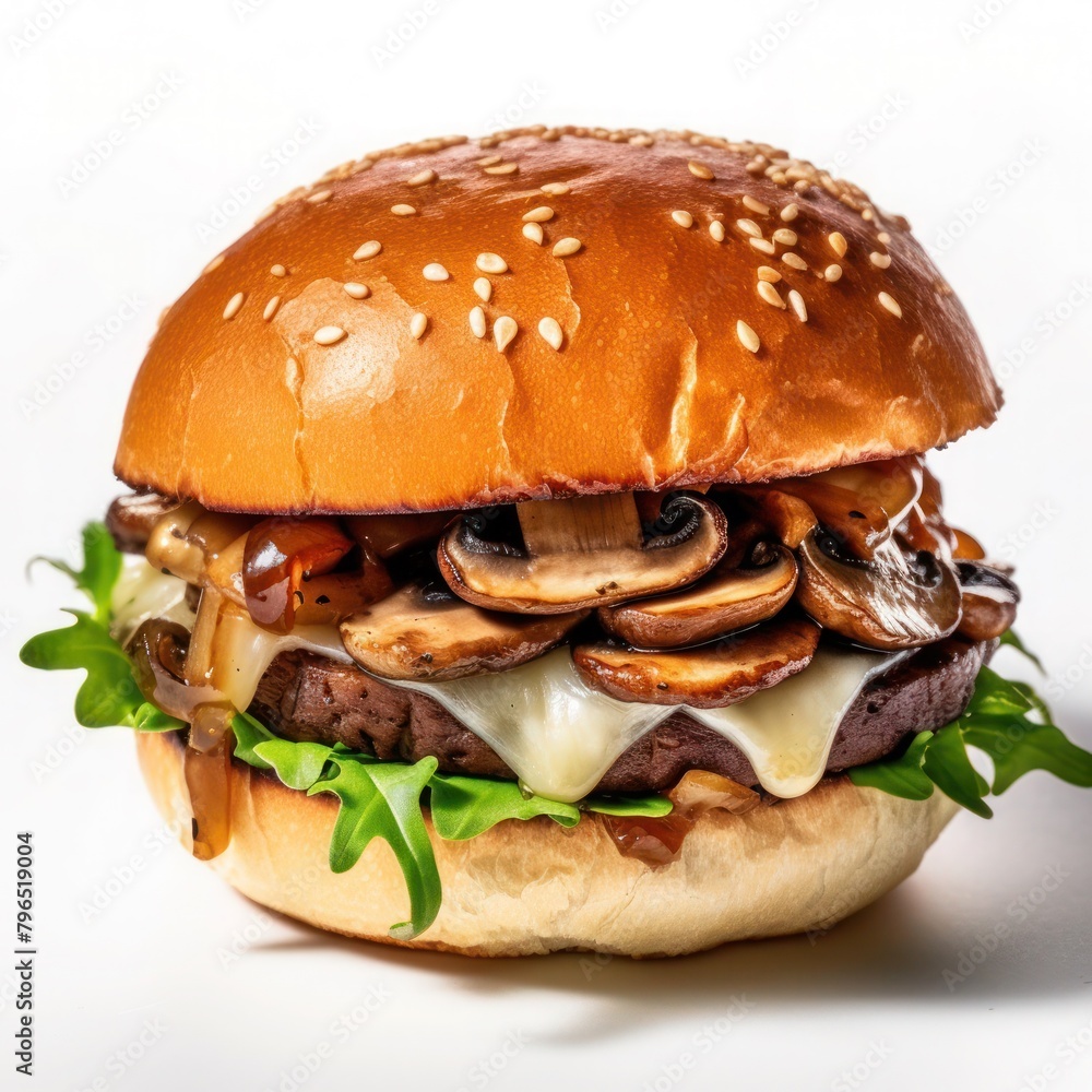 juicy beef burger with cheese, lettuce, mushrooms on a white background