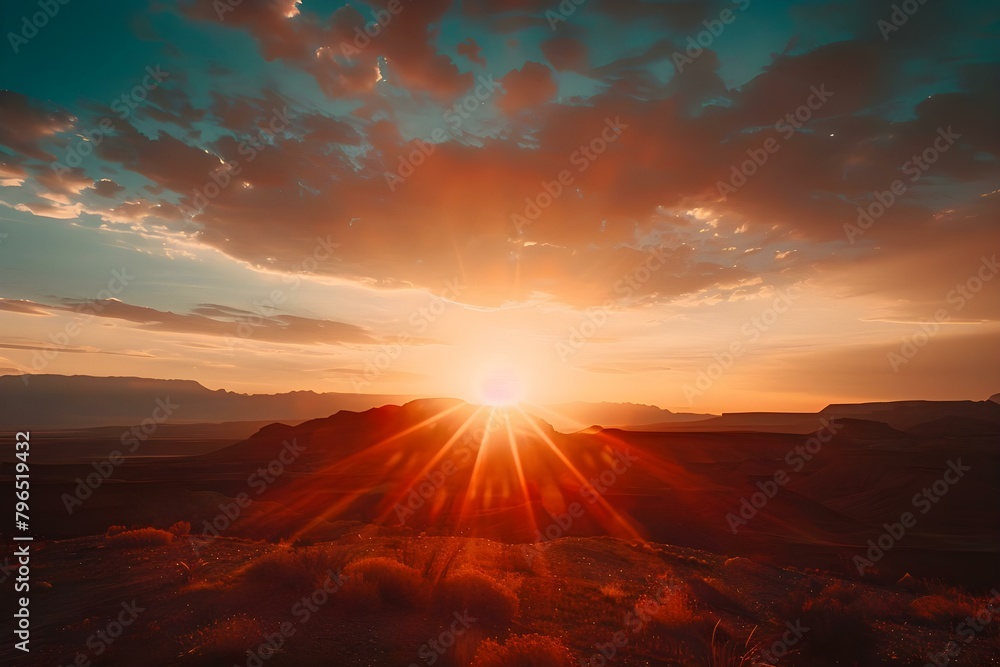 Fototapeta premium Capturing a Wide-Angle Travel Adventure Moment: Vibrant Desert Sunrise or Sunset Photo. Concept Travel Photography, Wide Angle, Desert Sunrise, Sunset, Vibrant Colors