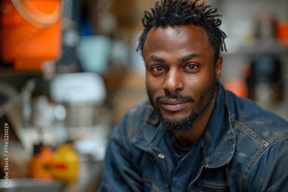 Portrait of a confident man with a calm smile, wearing a denim shirt in a softly lit indoor setting Portrait of a confident man with a calm smile, wearing a denim shirt in a softly lit indoor setting