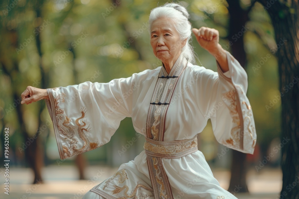 Senior mature elderly people make sport activity outside, AI generated