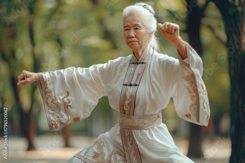 Senior mature elderly people make sport activity outside, AI generated