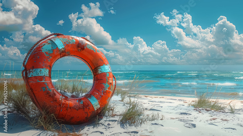orange lifebuoy on a sunny beach with turquoise waters and fluffy clouds in the sky