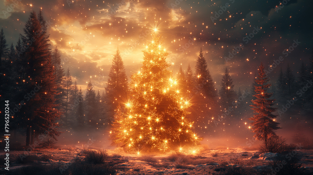 Illuminated Christmas tree in natural environment.
