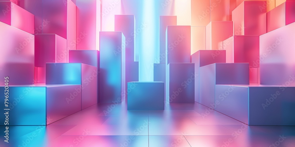A cityscape with pink and blue buildings and a blue light in the background A cityscape with pink and blue buildings and a blue light in the background