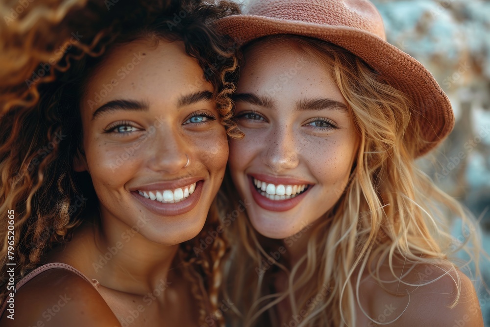 Two joyous women with beautiful smiles posing close together with a beach scene in the background Two joyous women with beautiful smiles posing close together with a beach scene in the background