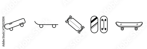 Skateboard Outline set icon Collection. Figure ice skating shoes. Vector Illustration.