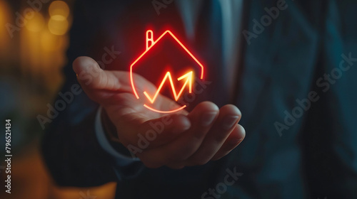 Businessman holding up arrow icon and percentage with graph indicators for investment growth photo