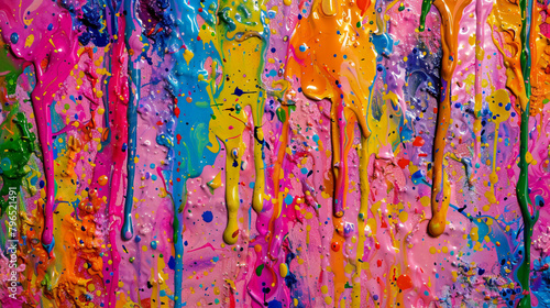 Drips and splatters of vibrant tempera paint dance across the canvas  forming a lively backdrop of abstract color that exudes energy and vitality.