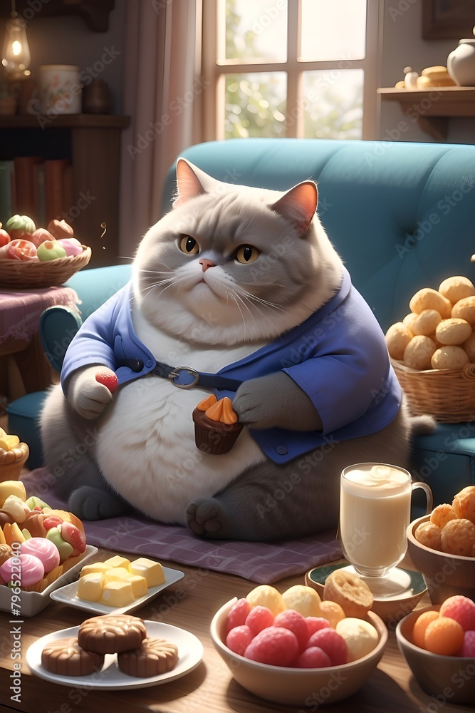 Naklejka premium A city cat eats non-stop