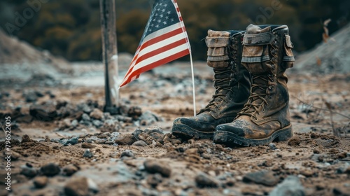A pair of old combat boots sit on the ground next to a small American flag. photo