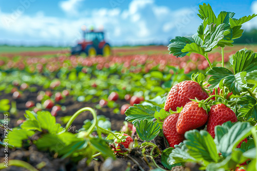 Close-up auf frisch geerntete Erdbeeren auf einem Feld mit Traktor im Hintergrund.