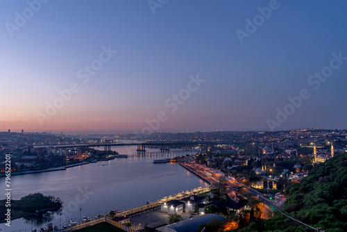 View of Istanbul from Pierre Loti Hill (Hill). Beautiful day cityscape with Golden Horn Bay, buildings and sky at sunrise time . Travel background for wallpaper or guidebook