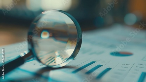 A close-up of a magnifying glass focusing on statistical figures in a report, emphasizing attention to detail in data analysis. photo